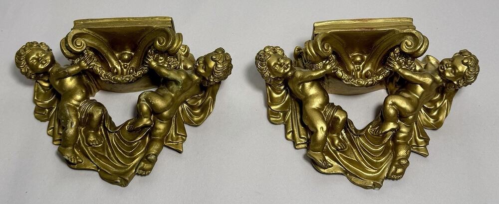 2 Vintage Cherub Angels Ornate Wall Gold Sconce Shelf Resin Gallery Wall